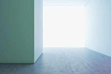 Abstract spacious interior with daylight and empty mock up place on blue wall. Gallery and nobody concept. 3D Rendering.