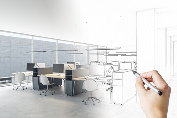 Hand drawn sketch of modern coworking office interior with empty computer monitors on wooden desks,...