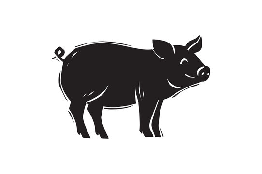 Agriculture and Farming concept. Icon with black pig silhouette and strokes. Animal or mammal. Design element for printing. Cartoon flat hand drawn vector illustration isolated on white background