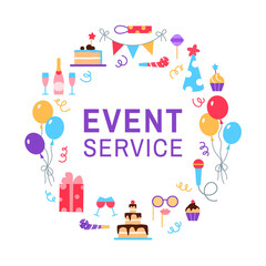 Event service circle frame. Text copy space on white background. Flat color Birthday holiday concept for banner postcard design. Festive hat balloons cake cupcake present champagne vector illustration