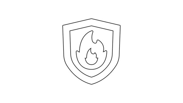 Black line Fire protection shield icon isolated on white background. Insurance concept. Security, safety, protection, protect concept. 4K Video motion graphic animation