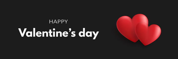 Happy Valentines day banner with two red 3d hearts on a black background. Vector illustration
