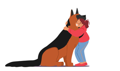 Love to Animals, Childhood, Friendship with Doggy Concept. Kid Girl Hug Huge Shepherd, Child Character Cuddle with Pet