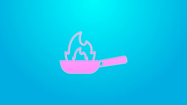 Pink line Pan with fire icon isolated on blue background. 4K Video motion graphic animation