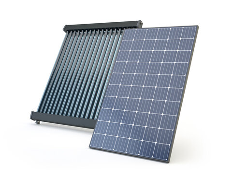 Solar panel and heater collector isolated on white, 3D illustration
