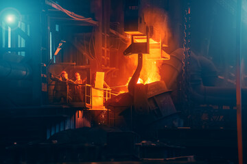 Iron casting in foundry. Metallurgical plant. Liquid metal pouring from ladle container into molds...