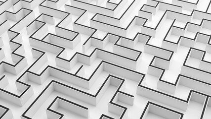 Black and white maze. Labyrinth background. 3D rendered image.