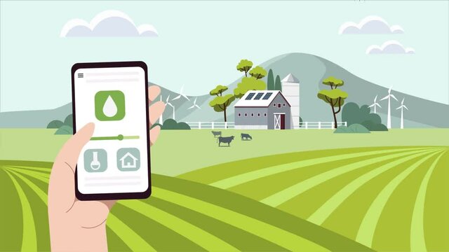 Smart farm video concept. Moving hand holds smartphone with application for controlling watering of plants and crops. Modern technologies for agriculture. Graphic animated cartoon for websites