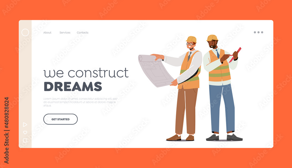 Poster building and engineering profession landing page template. men architect and construction engineer o