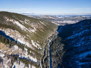 Aerial winter view of Rila Mountain near Beli Iskar river, Bulgaria