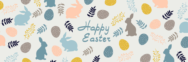 Easter design with eggs, bunnies and flowers in pastel colors. Horizontal poster. Happy Easter greetings text. Design for title for the site ,banner, poster, card, paper print, postcard, background
