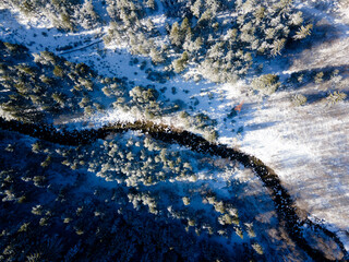Aerial winter view of Rila Mountain near Beli Iskar river, Bulgaria - obrazy, fototapety, plakaty