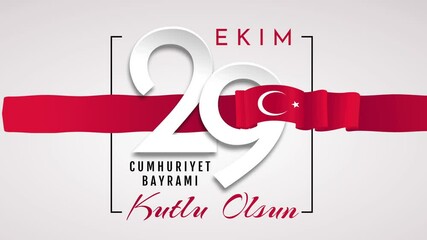 Cumhuriyet bayrami 29 ekim video concept. Colorful clip with pop up Turkish flag with moon and star, inscriptions and numbers. Moving Greeting Card for Turkish National Day. Graphic animated cartoon