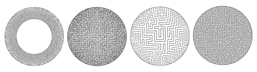 Torus and sphere maze pattern set. Circular labyrinth technology design elements.
