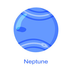 Neptune planet icon with name isolated on white background. Solar system element. Kids planetary. Vector cartoon illustration.