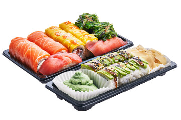  Delivery trays of sushi isolated over white background