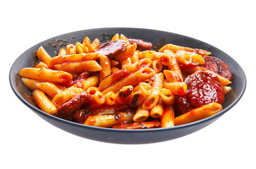  Plate with italian macaroni with pepperoni and tomato sauce isolated over white background