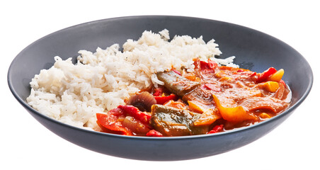  Plate of delicious rice and vegetables tomato sauce over white isolated background