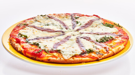  Single italian anchovies pizza over white isolated background