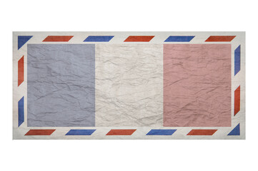 Postal envelope. Envelope with the image flag of France. French flag. Faded crumpled envelope with no postmark. Copy space. Blank mock up.