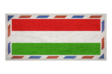 Postal envelope. Envelope with the image flag of Hungary. Hungarian flag. Crumpled envelope with a flag without a postmark. Copy space. Blank mock up.