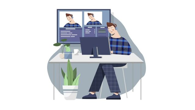 Online live event video concept. Livestream software. Moving man works in program for live broadcasts. Male character adjusts sound and video quality for conference. Graphic animated cartoon