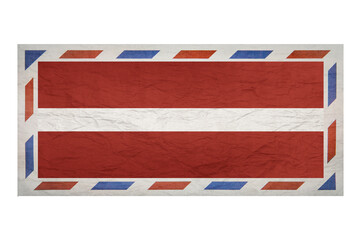 Fototapeta na wymiar Postal envelope. Envelope with the image flag of Latvia. Latvian flag. Crumpled envelope with a flag without a postmark. Copy space. Blank mock up.