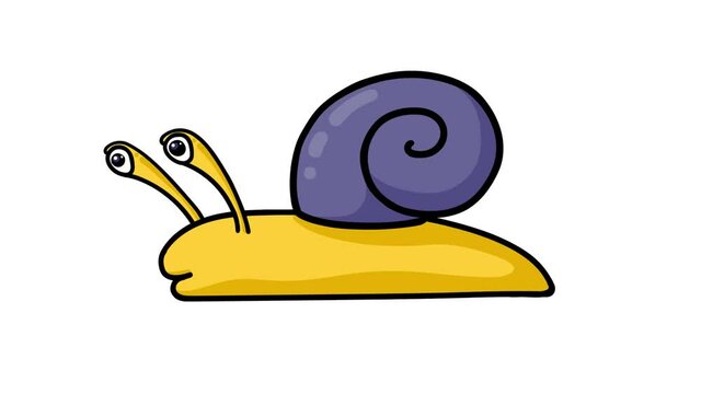 Cartoon snail with alpha channel. Animation good for any use. White background isolated slow motion animal.