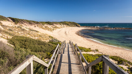 Fototapeta na wymiar path to the beach in the Bass Coast, Victoria, Australia. Australian beach. Stairway to the beautiful beach.