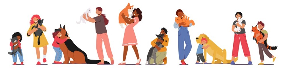 Children Hug Dogs and Cats, Girls and Boys Kids Characters Cuddle with Pets, Holding Cute Puppies and Kittens on Hands