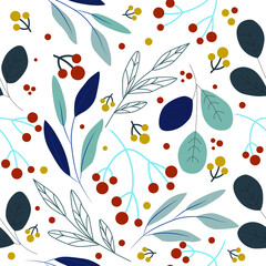 Vector seamless pattern. Hand drawning leaves and beries. Botanical background. Vector illustration.