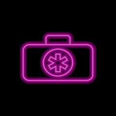 First aid kit simple icon vector. Flat desing. Purple neon on black background.ai