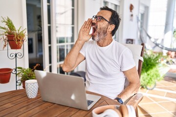 Middle age man using computer laptop at home shouting and screaming loud to side with hand on mouth. communication concept.