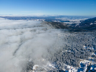 Aerial winter view of Rila Mountain near of Borovets, Bulgaria