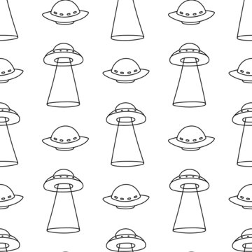 UFO background. Flying saucers seamless pattern in doodle style. Children's contour illustrations with alien spaceships. Print sample for fabric, wallpaper