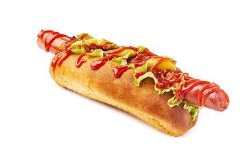Hotdog with huge sausage, lettuce and pickled peppers on white