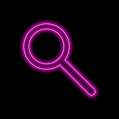 Magnifier, zoom simple icon vector. Flat desing. Purple neon on black background.ai