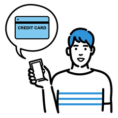 Obraz premium スマートフォンを持ってクレジットカードの説明をしている若い男性