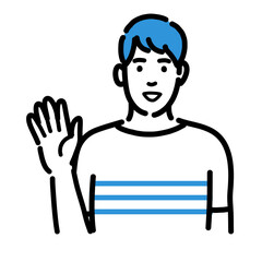 手を挙げて笑顔で挨拶している男性