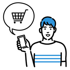 スマートフォンを持ってショッピングの説明をしている若い男性