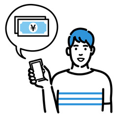 スマートフォンを持ってお金の説明をしている若い男性