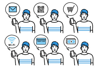 スマートフォンを持って説明をしている若い男性のセット