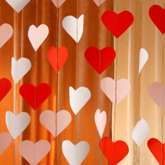 Plakat Defocus banner. Valentines Day background with paper hearts. The red and white heart shapes for 14 February. Love symbol. Cupid's bow. Blurred backdrop. Pattern. Hanging romantic heart. Out of focus