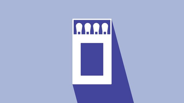 White Open matchbox and matches icon isolated on purple background. 4K Video motion graphic animation