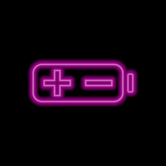 Battery, plus minus simple icon. Flat desing. Purple neon on black background.ai
