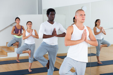 Fototapeta na wymiar Multiethnic group of young sporty people practicing yoga, standing together in asana