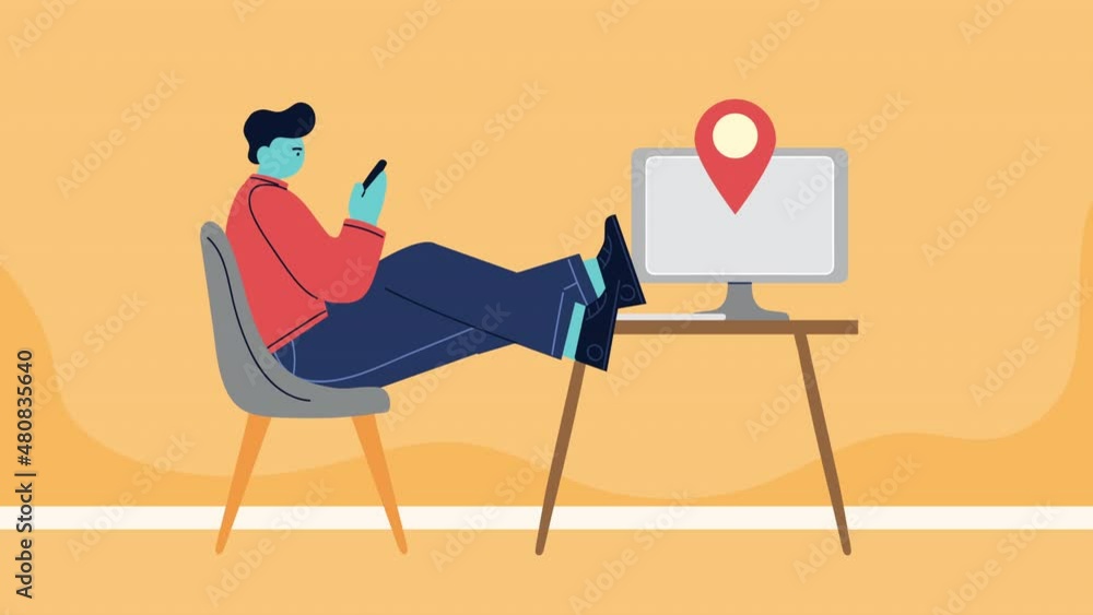 Poster man seated using smartphone and desktop