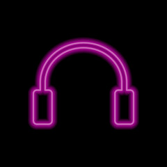 Headphone simple icon vector. Flat desing. Purple neon on black background.ai