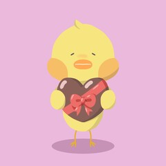 Illustration of a chick presenting a heart-shaped chocolate