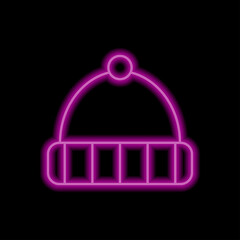 Winter hat simple icon. Flat desing. Purple neon on black background.ai